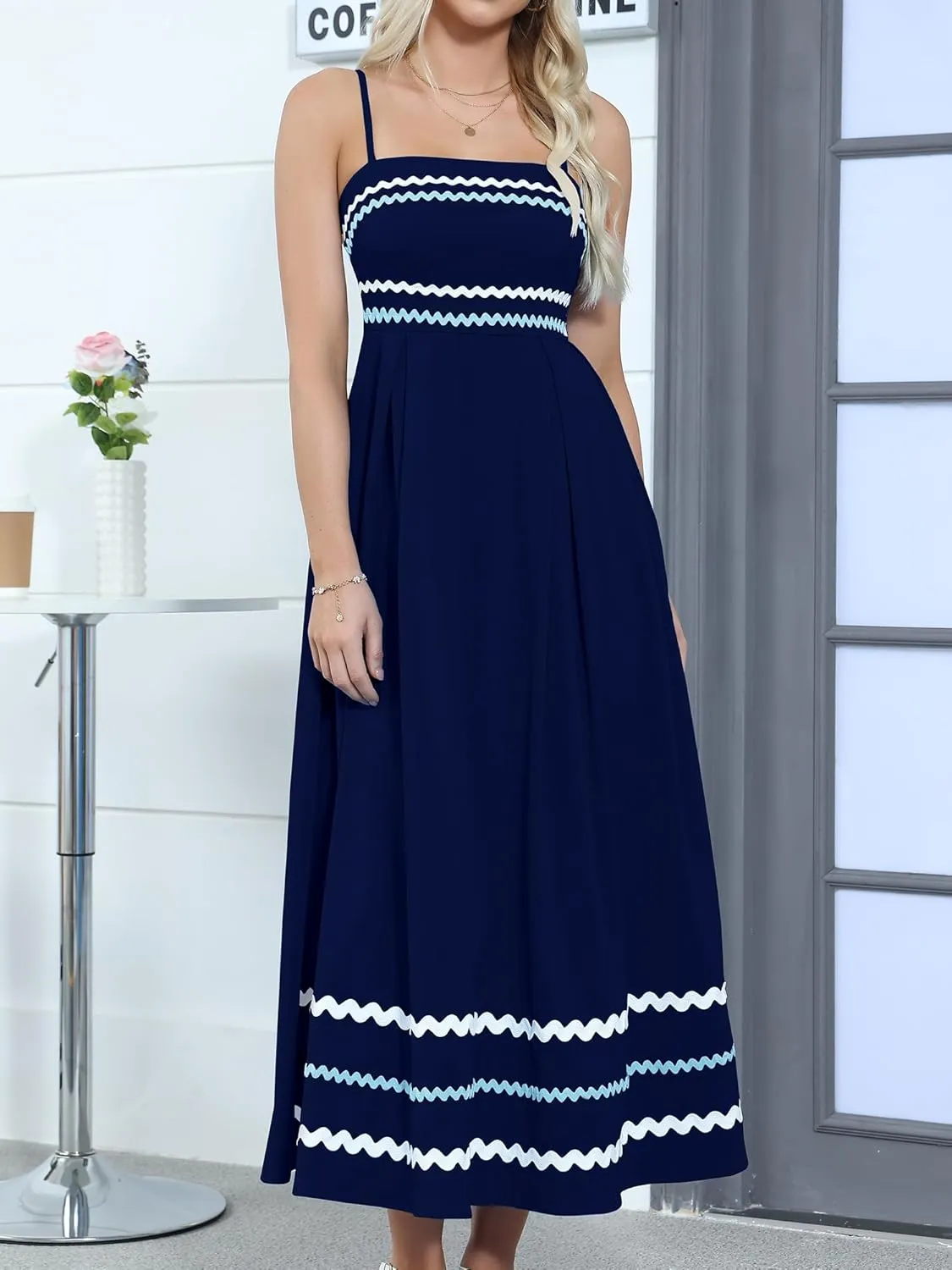 Gardenwed Women's Spaghetti Strap Maxi Dress, Rick Rack Trim Sleeveless A-Line Summer Casual Beach Dress