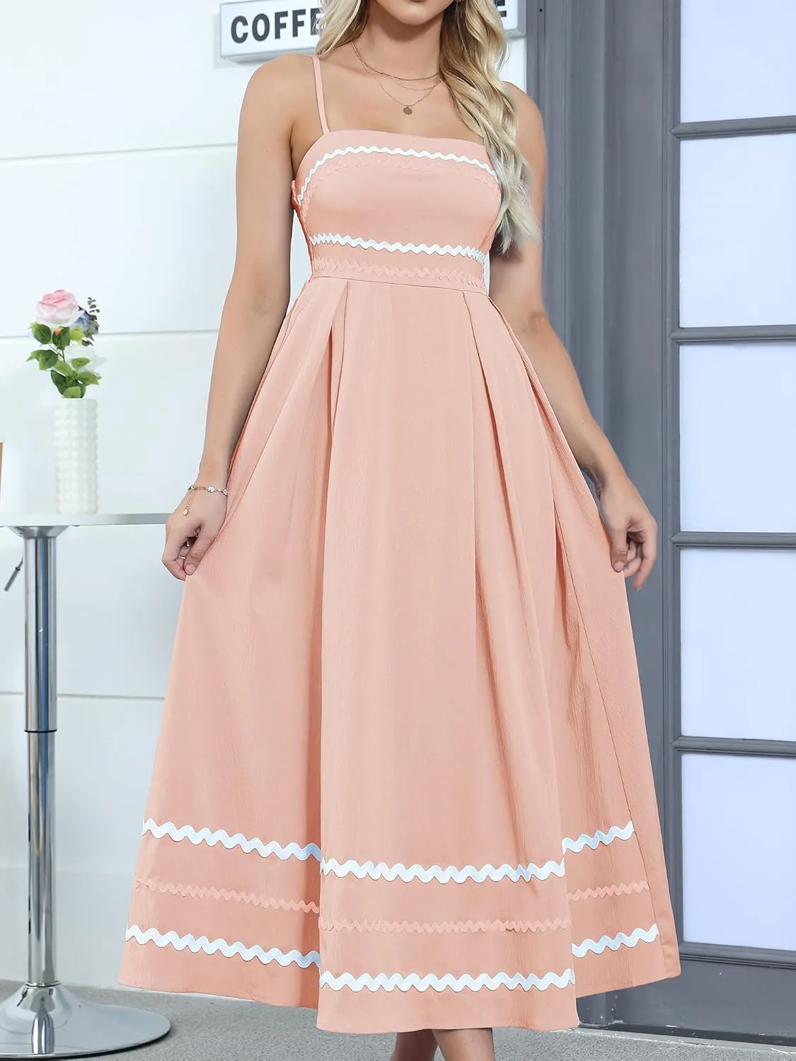 Gardenwed Women's Spaghetti Strap Maxi Dress, Rick Rack Trim Sleeveless A-Line Summer Casual Beach Dress