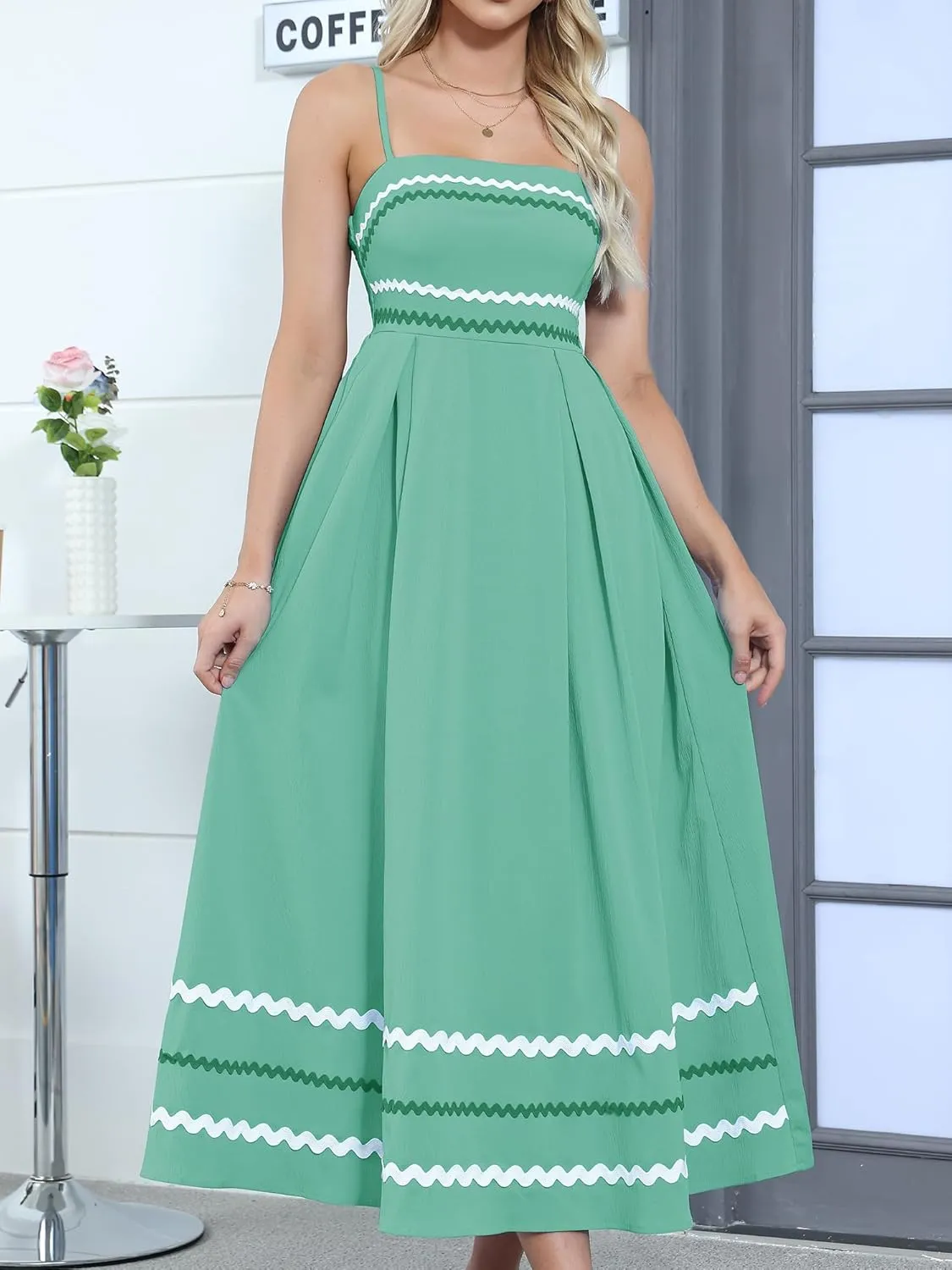 Gardenwed Women's Spaghetti Strap Maxi Dress, Rick Rack Trim Sleeveless A-Line Summer Casual Beach Dress