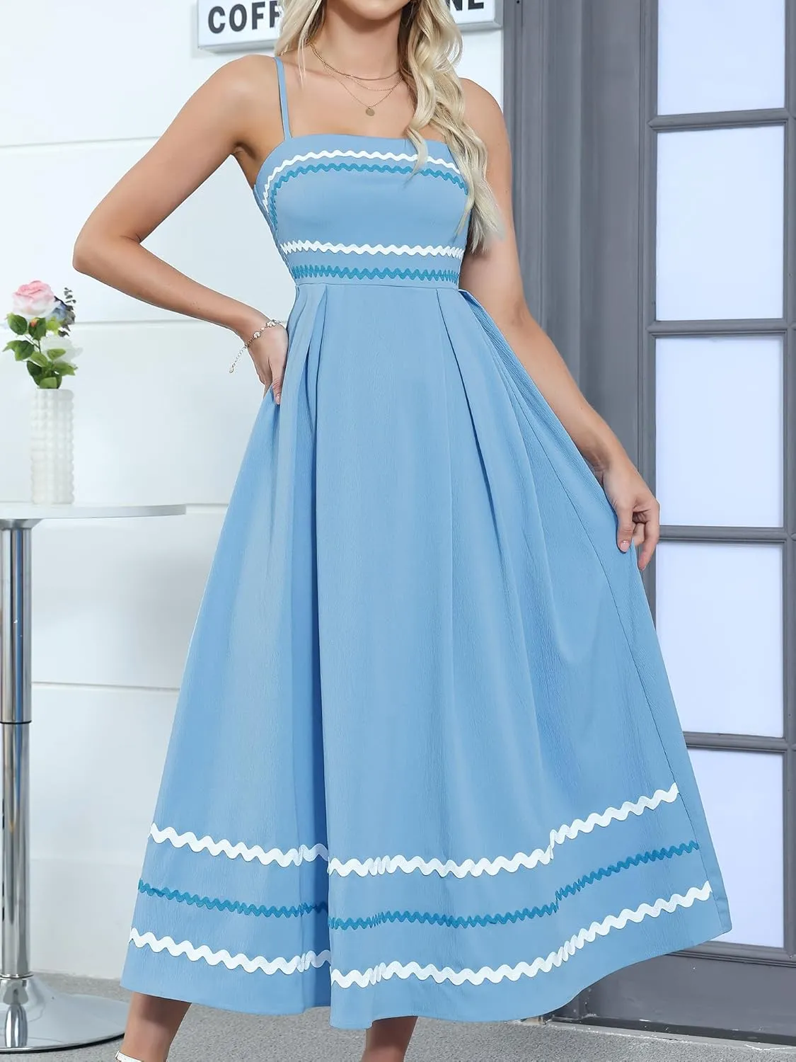 Gardenwed Women's Spaghetti Strap Maxi Dress, Rick Rack Trim Sleeveless A-Line Summer Casual Beach Dress