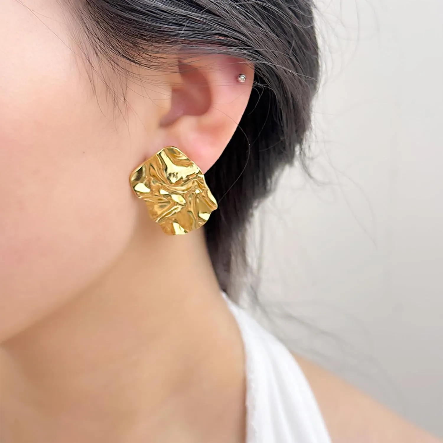 Geometric Rectangle Gold Stud Earrings Gold Statement Earrings for Women Irregular Hammered Chunky Statement Square Earrings for Women Hypoallergenic