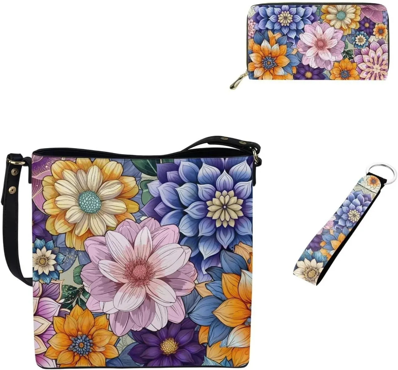 GIFTPUZZ Bucket Bags for Women Long Wallet Keychain Wristlet Fashion Leather 3 Pcs Women Handbag Set for Tarvel Work