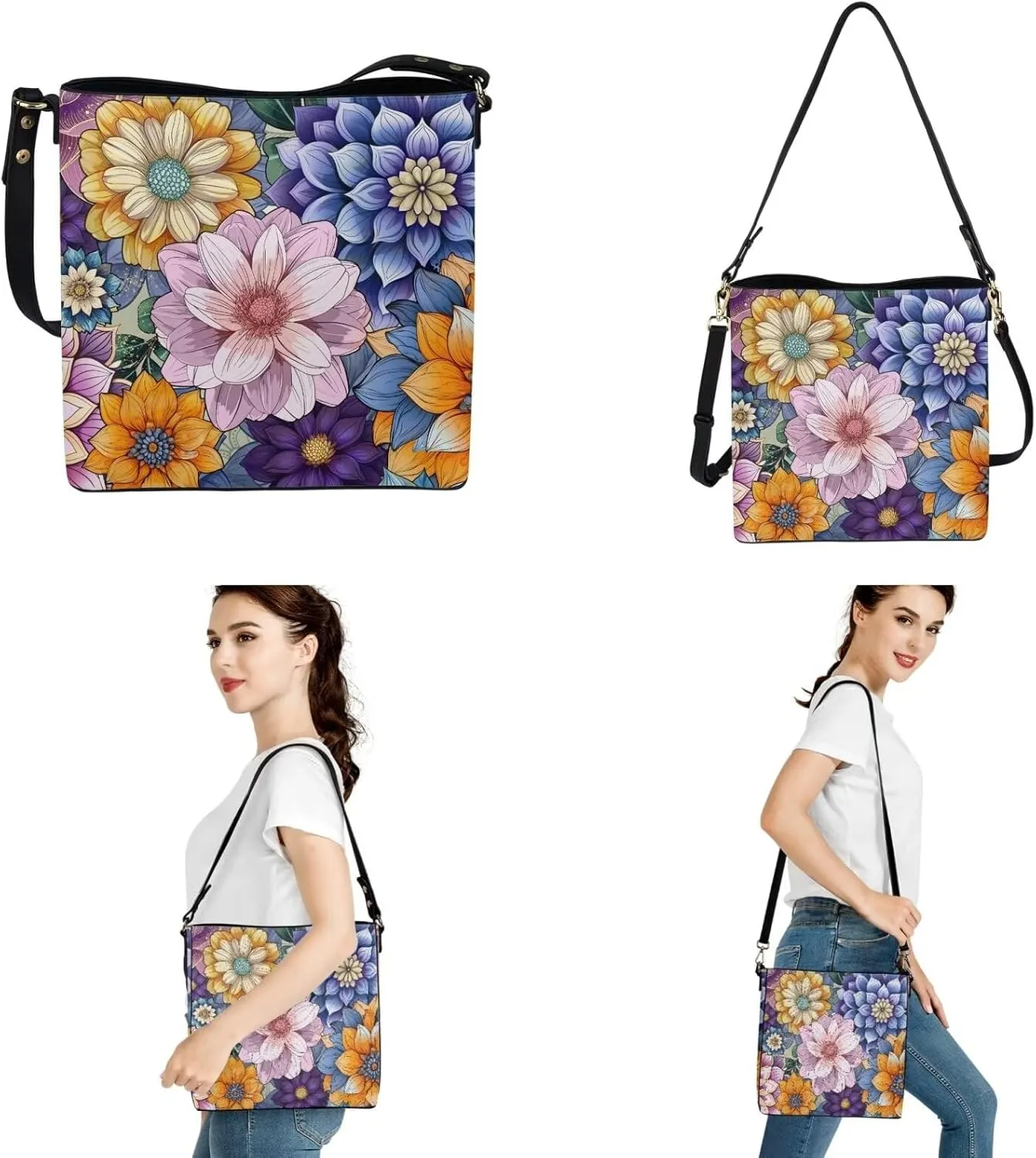 GIFTPUZZ Bucket Bags for Women Long Wallet Keychain Wristlet Fashion Leather 3 Pcs Women Handbag Set for Tarvel Work