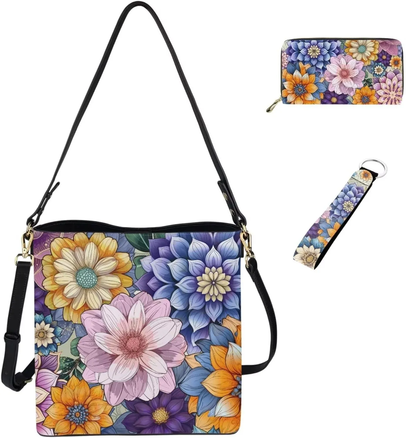 GIFTPUZZ Bucket Bags for Women Long Wallet Keychain Wristlet Fashion Leather 3 Pcs Women Handbag Set for Tarvel Work