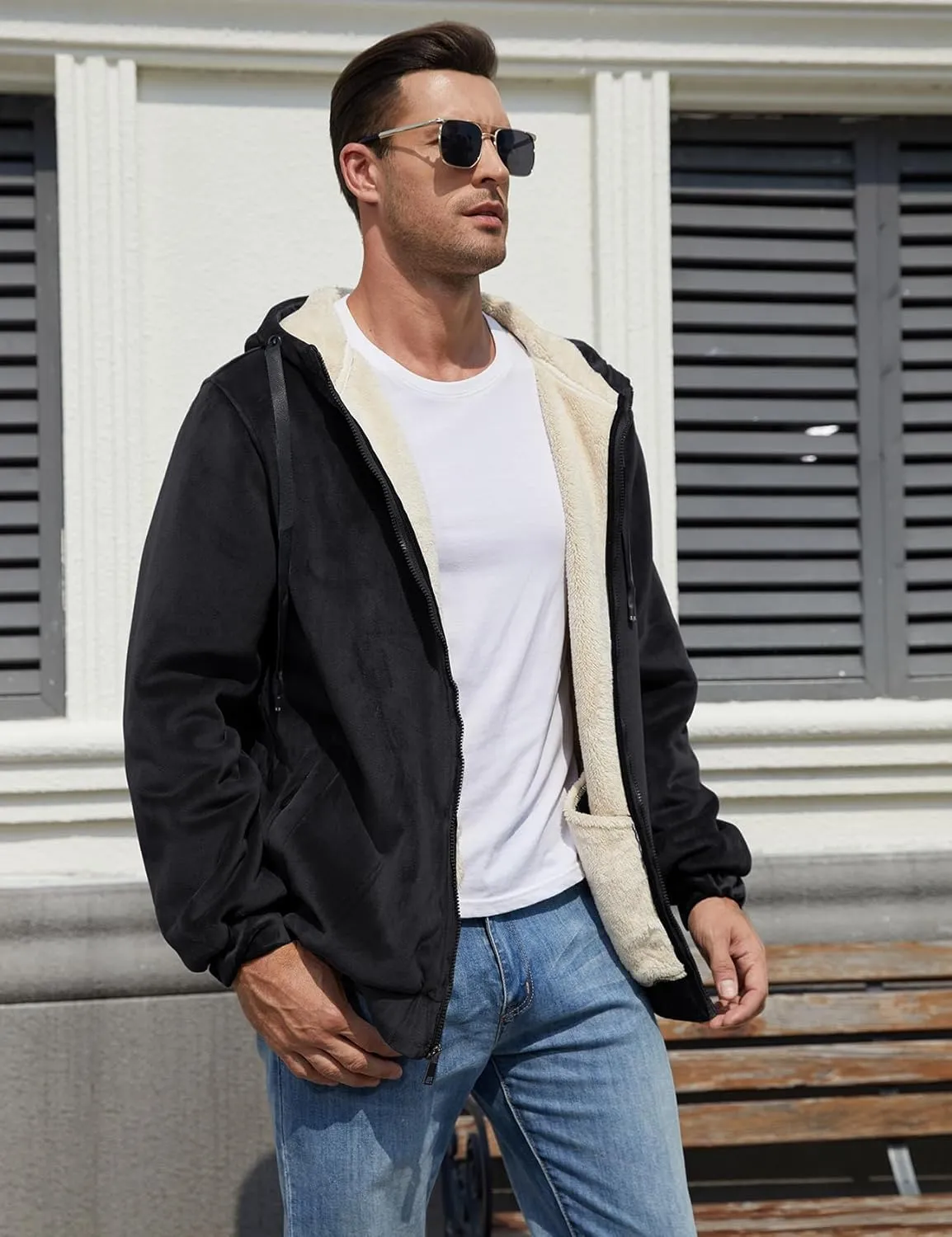 Gihuo Men's Winter Sherpa Lined Hoodie Zip Up Sweatshirt Heavyweight Warm Fleece Jacket with Pockets