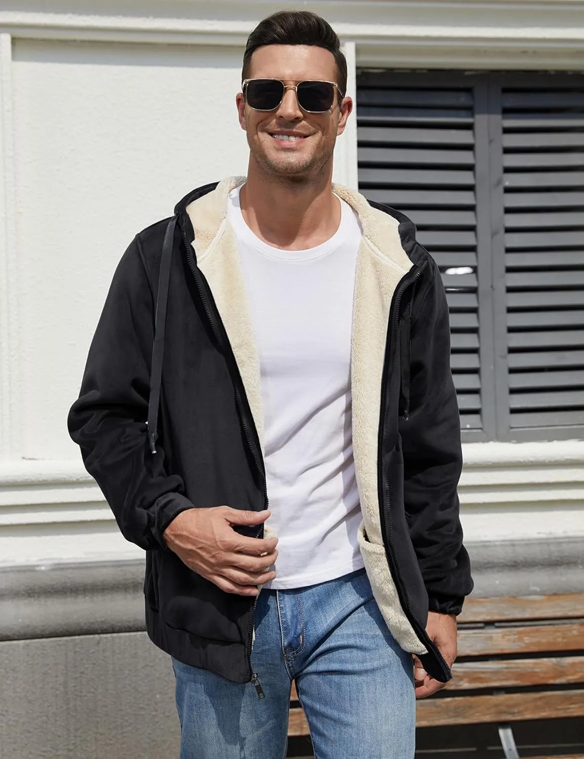 Gihuo Men's Winter Sherpa Lined Hoodie Zip Up Sweatshirt Heavyweight Warm Fleece Jacket with Pockets