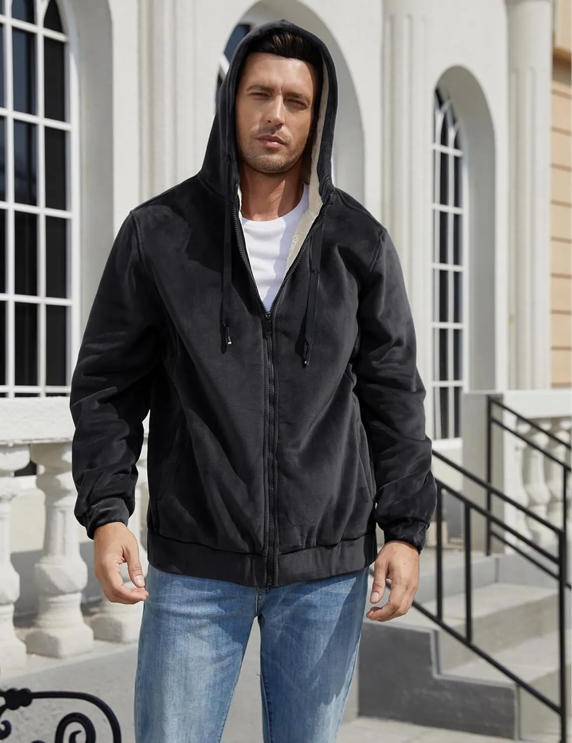 Gihuo Men's Winter Sherpa Lined Hoodie Zip Up Sweatshirt Heavyweight Warm Fleece Jacket with Pockets