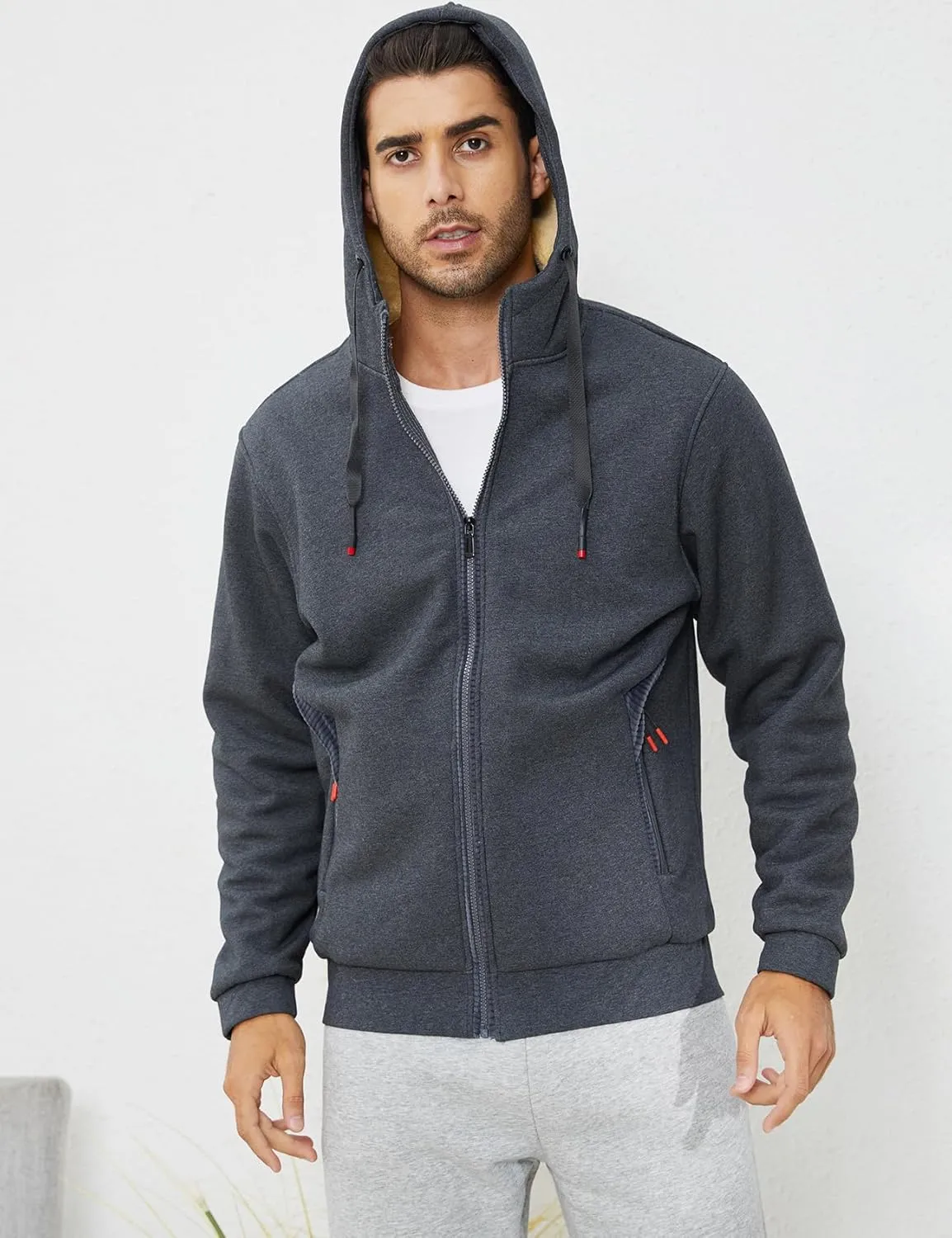 Gihuo Men's Winter Sherpa Lined Hoodie Zip Up Sweatshirt Heavyweight Warm Fleece Jacket with Pockets