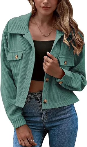 Gihuo Women's Fashion Cropped Shacket Button Down Corduroy Shacket Jackets Casual Plaid Long Sleeve Crop Jackets Tops