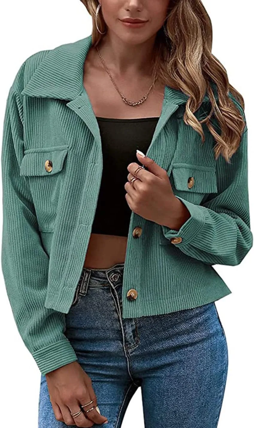 Gihuo Women's Fashion Cropped Shacket Button Down Corduroy Shacket Jackets Casual Plaid Long Sleeve Crop Jackets Tops