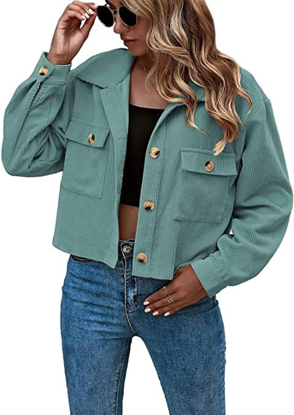 Gihuo Women's Fashion Cropped Shacket Button Down Corduroy Shacket Jackets Casual Plaid Long Sleeve Crop Jackets Tops