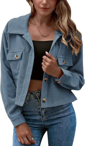Gihuo Women's Fashion Cropped Shacket Button Down Corduroy Shacket Jackets Casual Plaid Long Sleeve Crop Jackets Tops
