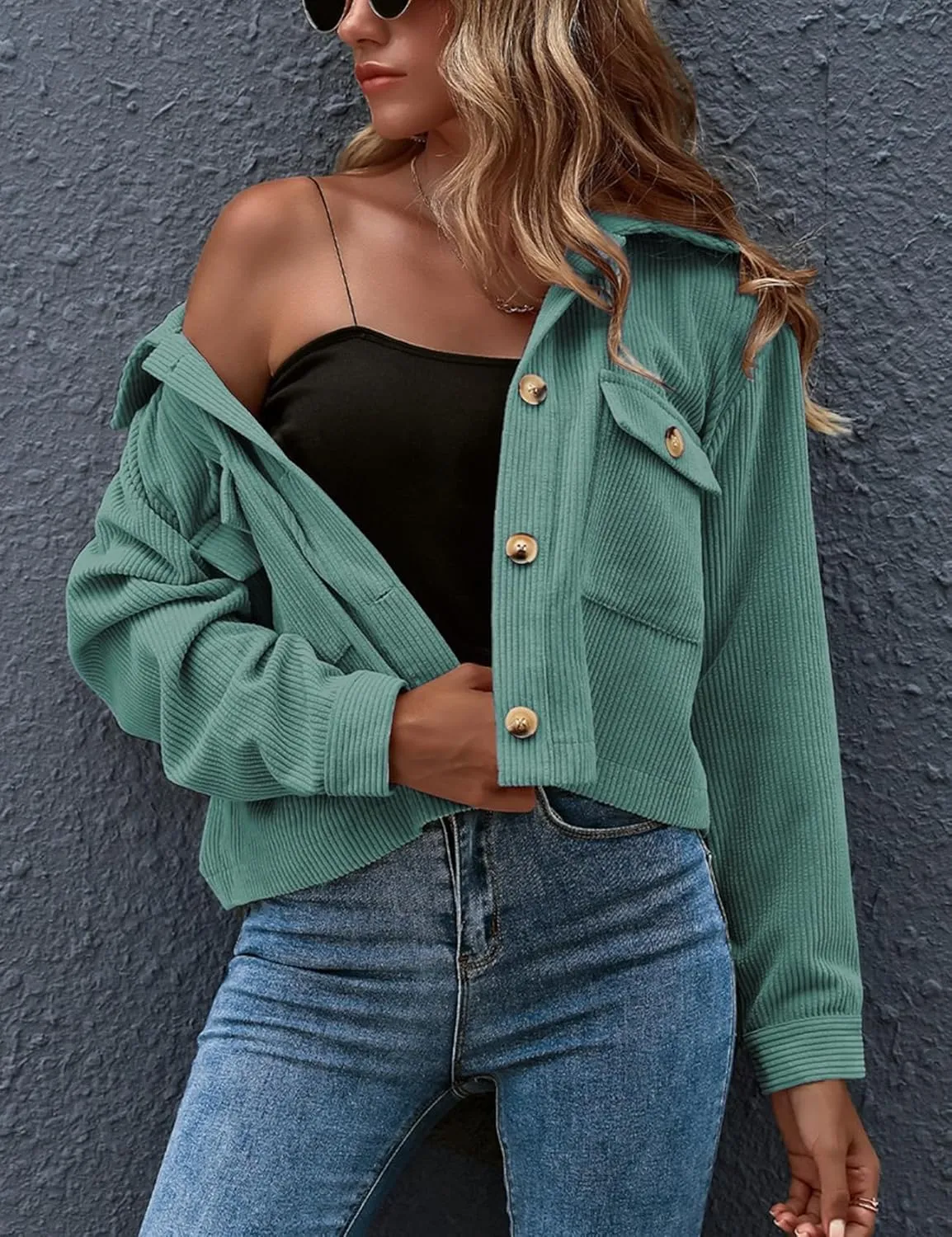 Gihuo Women's Fashion Cropped Shacket Button Down Corduroy Shacket Jackets Casual Plaid Long Sleeve Crop Jackets Tops
