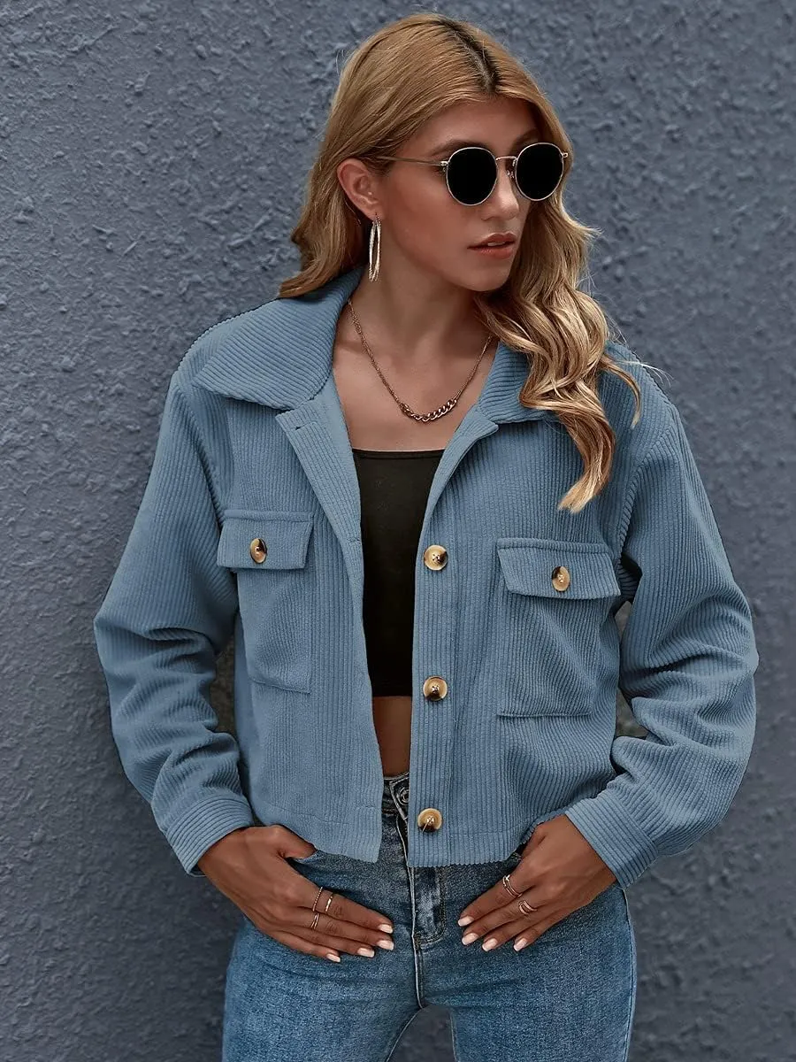 Gihuo Women's Fashion Cropped Shacket Button Down Corduroy Shacket Jackets Casual Plaid Long Sleeve Crop Jackets Tops