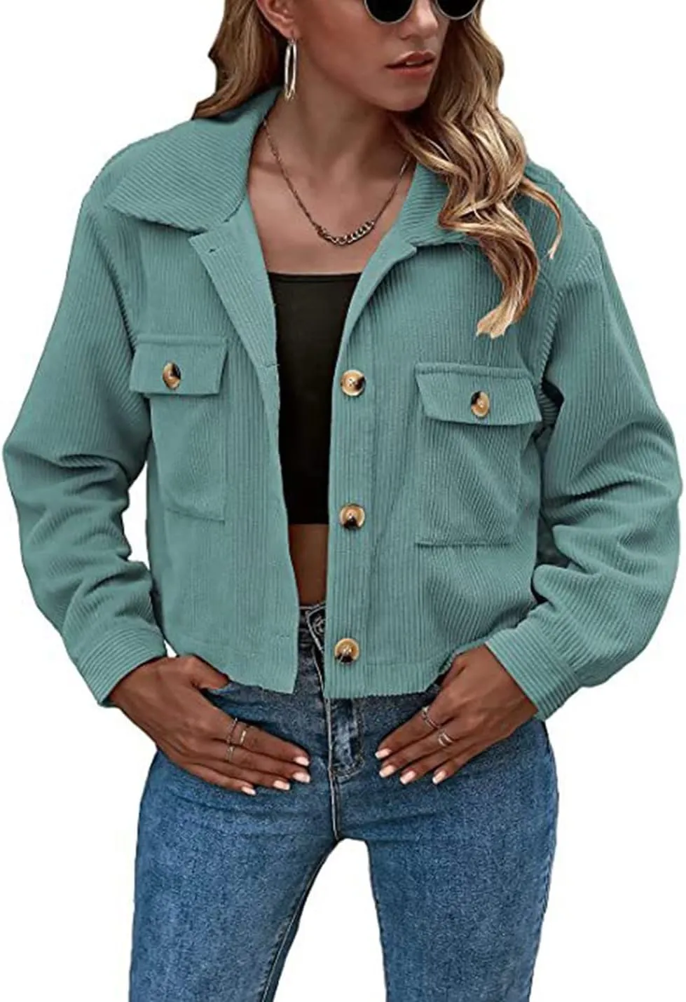 Gihuo Women's Fashion Cropped Shacket Button Down Corduroy Shacket Jackets Casual Plaid Long Sleeve Crop Jackets Tops