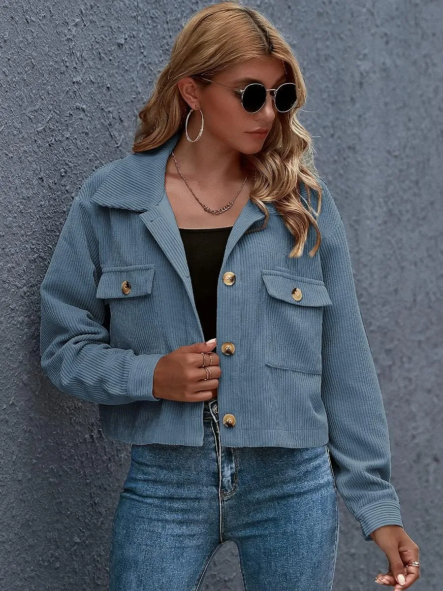 Gihuo Women's Fashion Cropped Shacket Button Down Corduroy Shacket Jackets Casual Plaid Long Sleeve Crop Jackets Tops