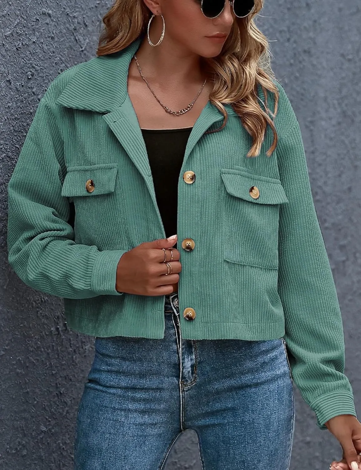 Gihuo Women's Fashion Cropped Shacket Button Down Corduroy Shacket Jackets Casual Plaid Long Sleeve Crop Jackets Tops