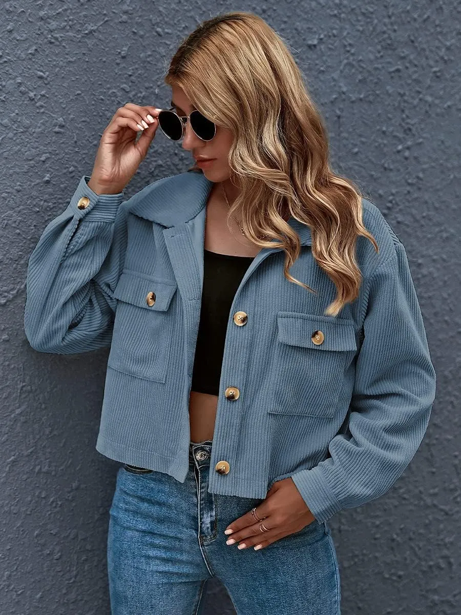 Gihuo Women's Fashion Cropped Shacket Button Down Corduroy Shacket Jackets Casual Plaid Long Sleeve Crop Jackets Tops