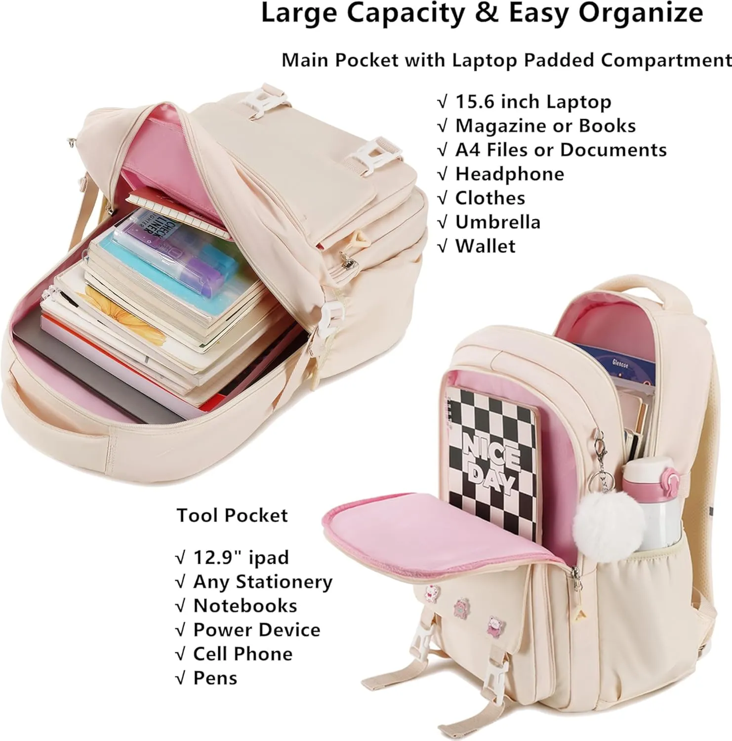 Girls Backpack Aesthetic Laptop Backpacks Kawaii Large Bookbag Anime Casual Travel Daypack,Beige
