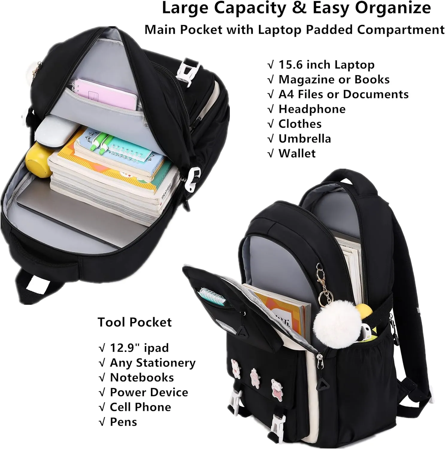 Girls Backpack Aesthetic Laptop Backpacks Kawaii Large Bookbag Anime Casual Travel Daypack,Black