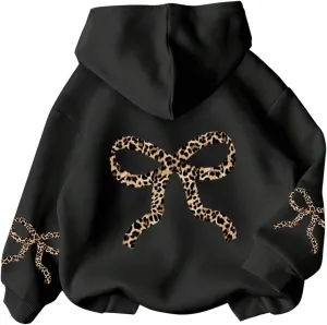 Girl's Leopard Graphic Hoodies Pullover Long Sleeve Hooded Neck Sweatshirts Trendy Fall Outfits