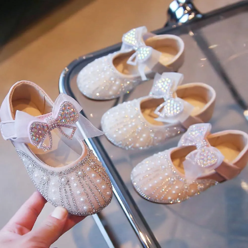 Girls Mary Jane Shoes Flower Girl Dress Shoes Beaded Ballet Flats with Bow Wedding Party