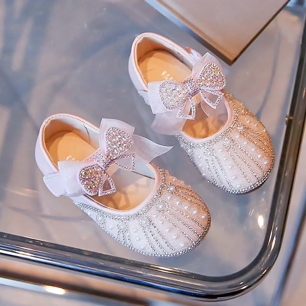 Girls Mary Jane Shoes Flower Girl Dress Shoes Beaded Ballet Flats with Bow Wedding Party