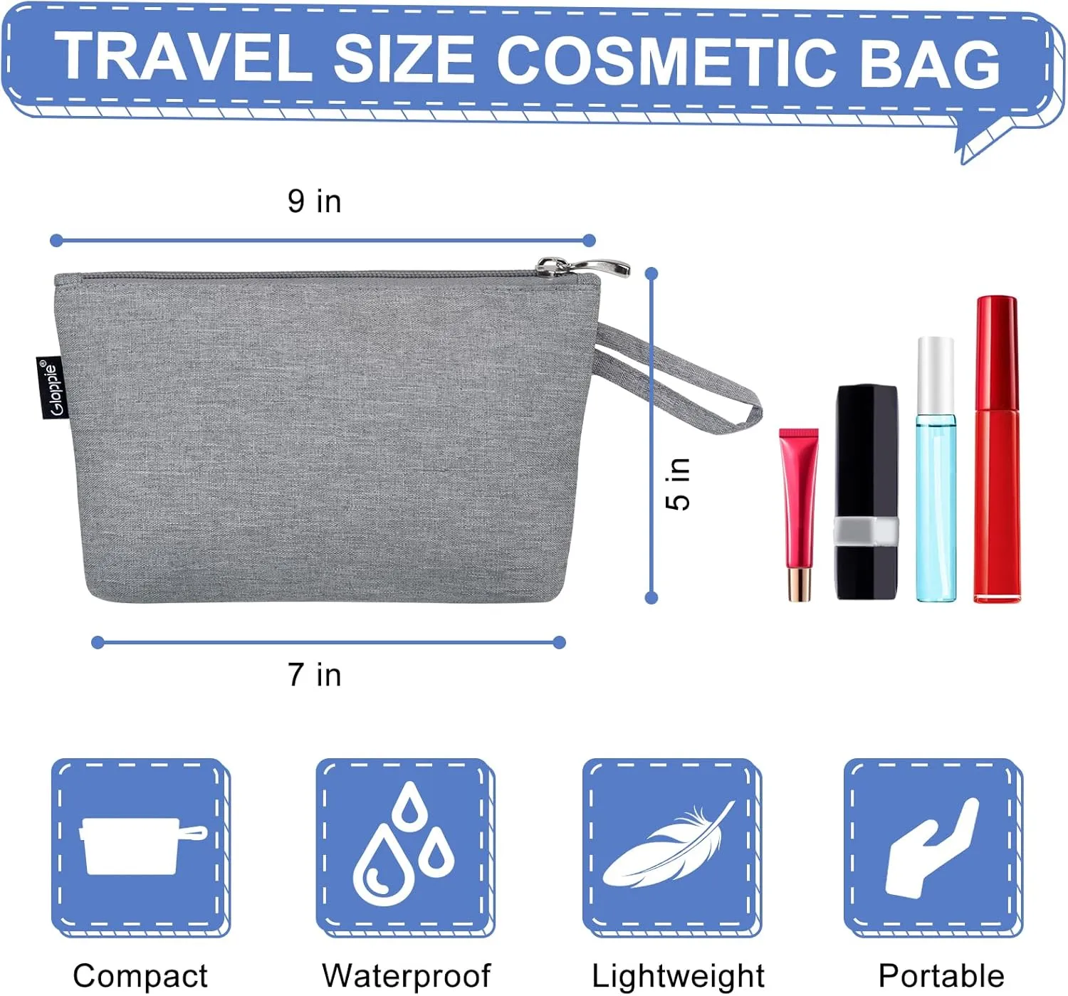 Gloppie Makeup Bag for Purse Travel Cosmetic Bag for Women Small Zipper Makeup Pouch Grey
