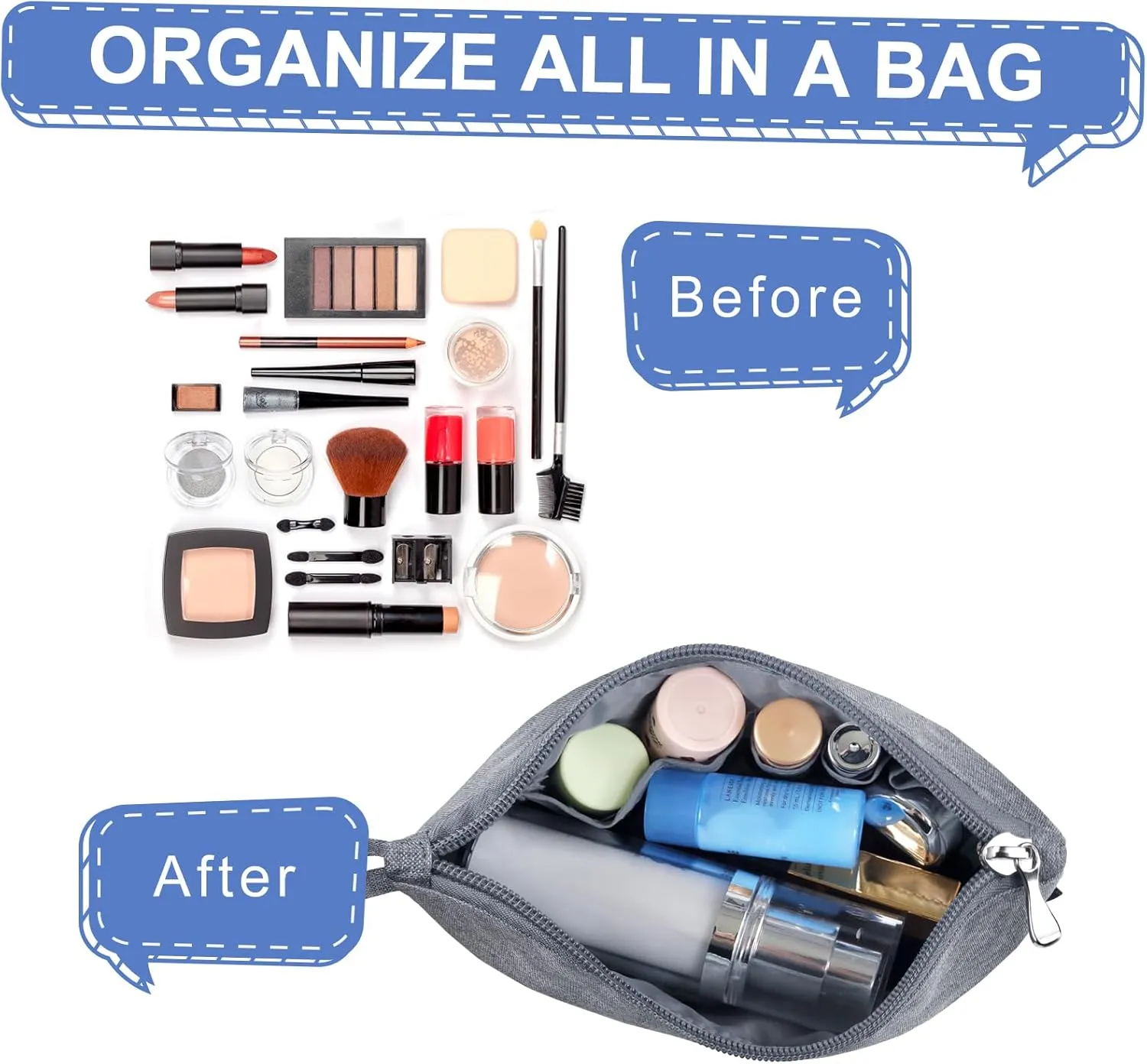Gloppie Makeup Bag for Purse Travel Cosmetic Bag for Women Small Zipper Makeup Pouch Grey