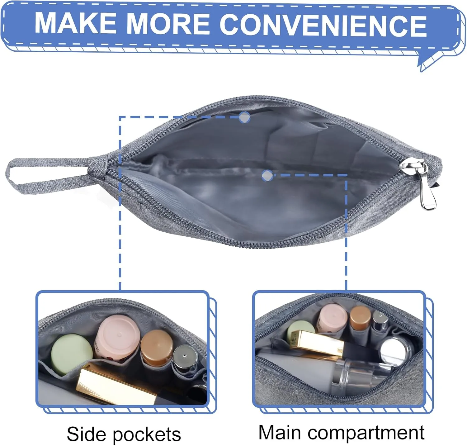 Gloppie Makeup Bag for Purse Travel Cosmetic Bag for Women Small Zipper Makeup Pouch Grey