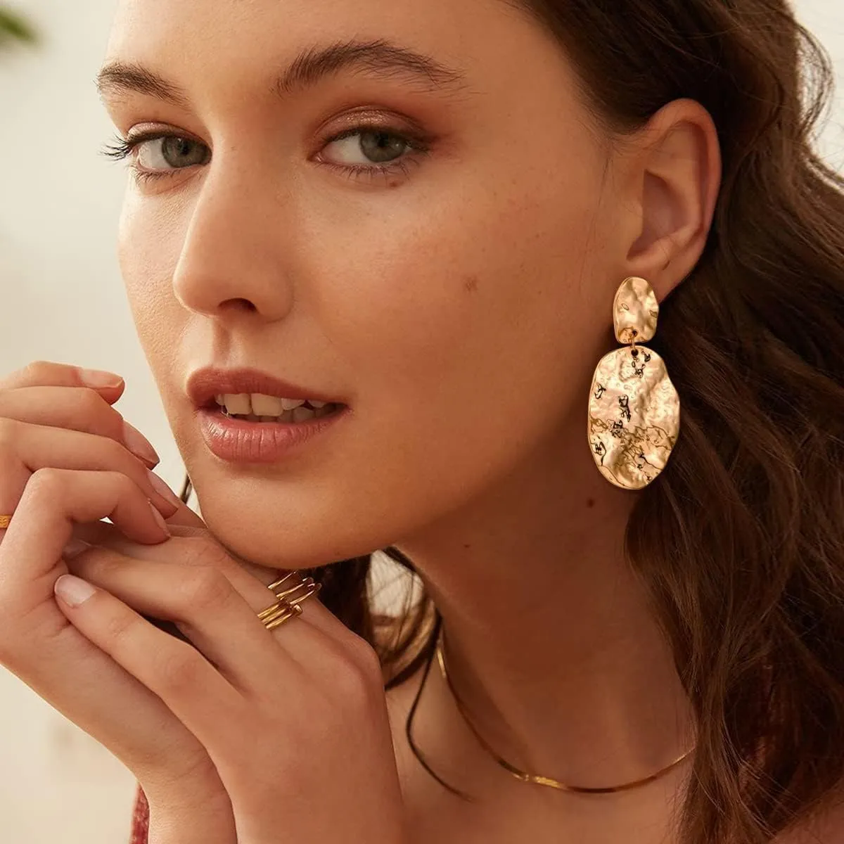 Gold Hammered Statement Earrings for Women Minimalist Lightweight Comfortable Teardrop Statement Dangle Earrings for Women