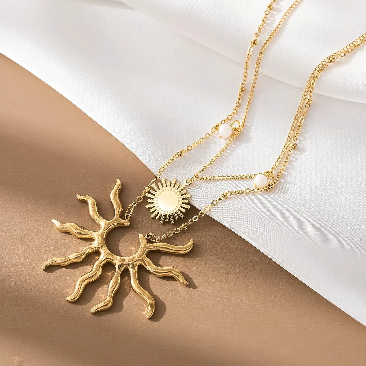 Gold Necklace for Women, Dainty 14K Gold Plated Layered Sun Pendant Necklace Gold Charm Chocker Jewelry Gift for Her