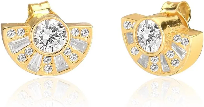 Gold-Plated Sunburst Fan Earrings with Sparkling Cubic Zirconia - 925 Sterling Silver