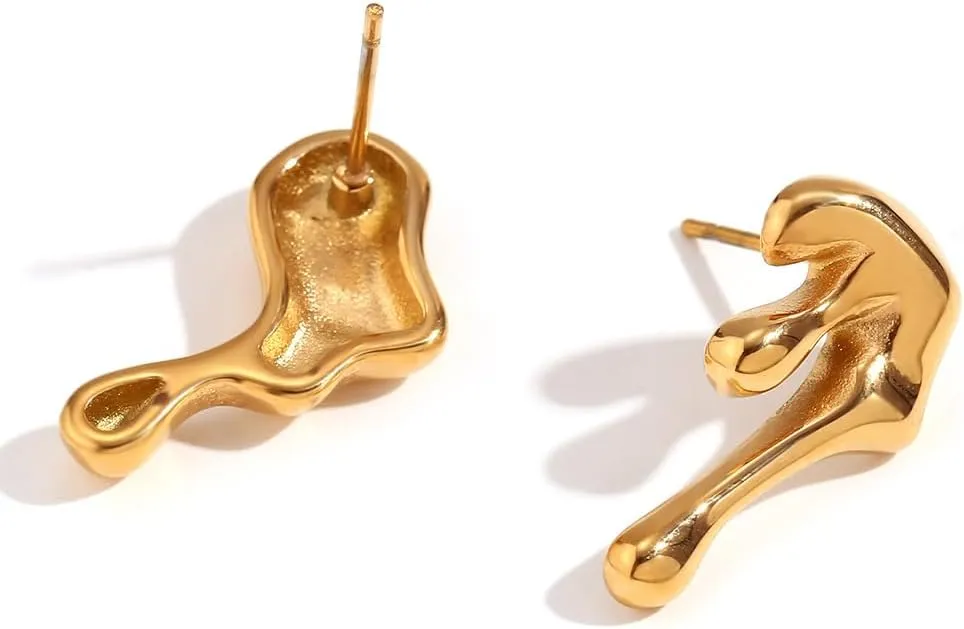 Gold Statement Earrings for Women, Statement Trendy Asymmetrical Irregular Lava Stud Earrings Unique Gold Plated Pierced Earrings for Holiday Jewelry Gifts