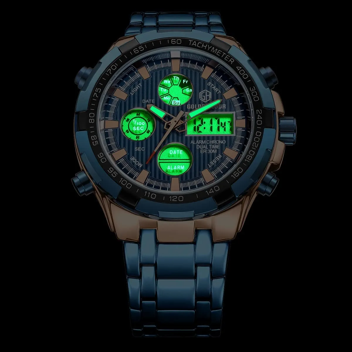 GOLDEN HOUR Luxury Stainless Steel Analog Digital Watches for Men Male Outdoor Sport Waterproof Big Heavy Wristwatch