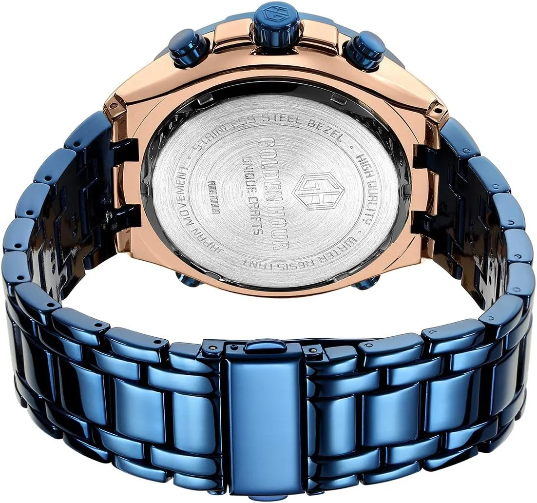 GOLDEN HOUR Luxury Stainless Steel Analog Digital Watches for Men Male Outdoor Sport Waterproof Big Heavy Wristwatch