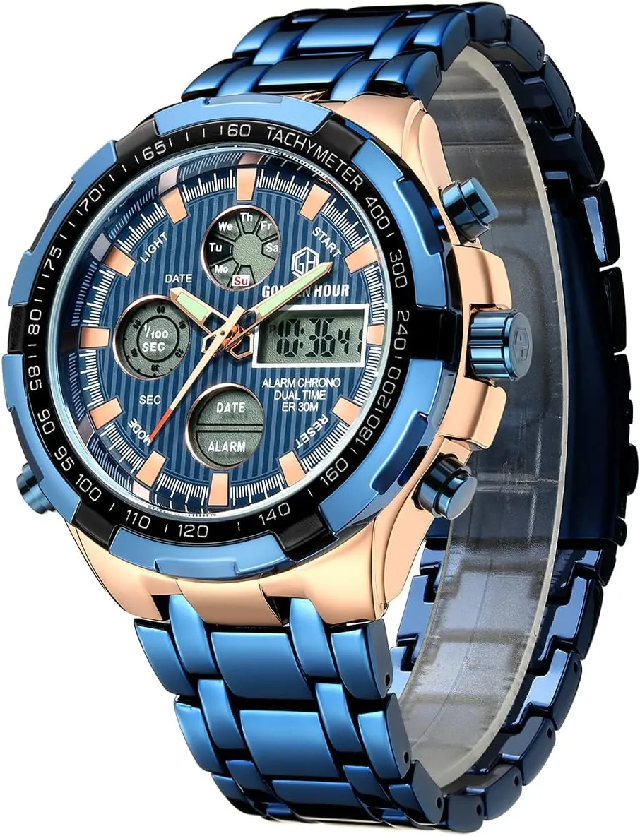 GOLDEN HOUR Luxury Stainless Steel Analog Digital Watches for Men Male Outdoor Sport Waterproof Big Heavy Wristwatch