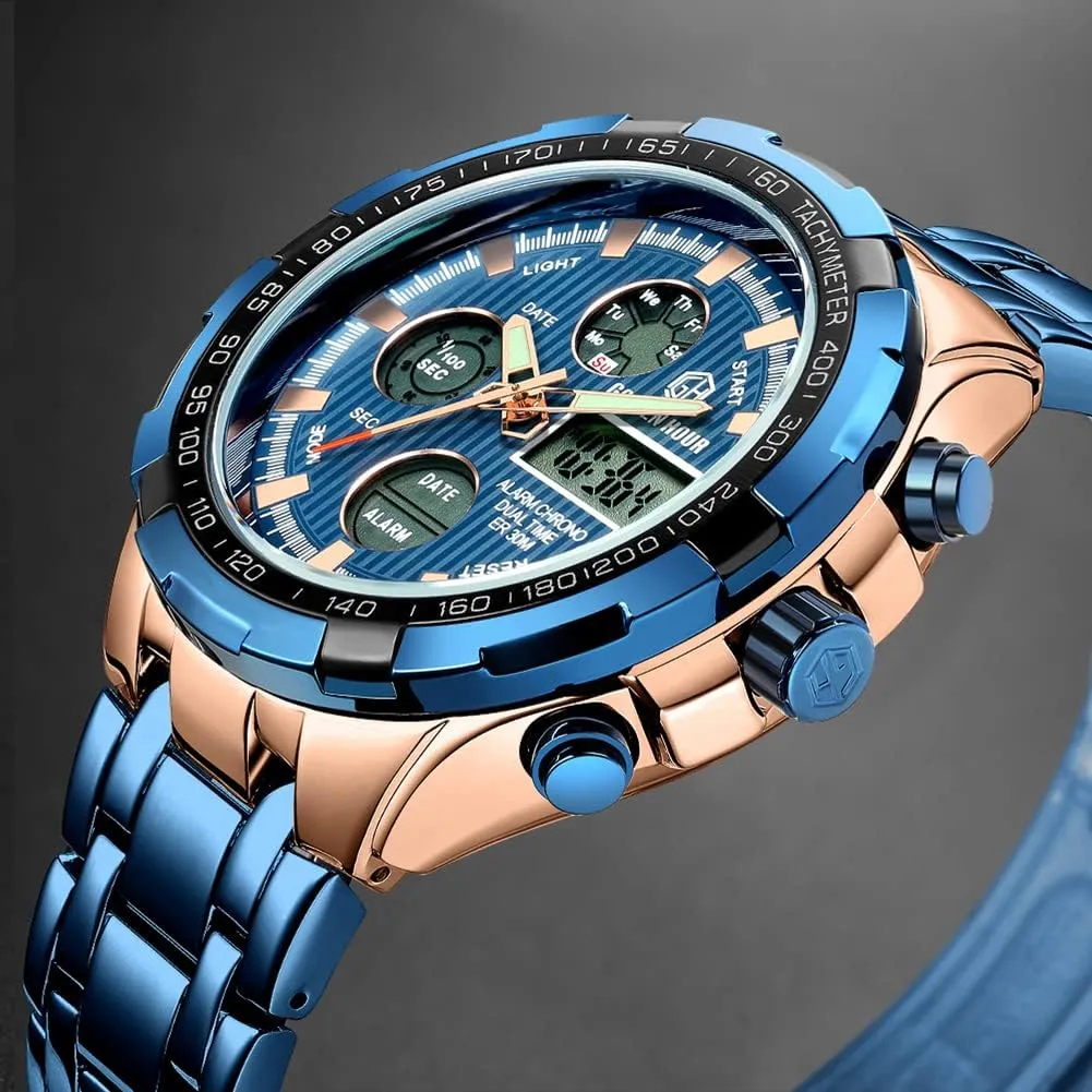 GOLDEN HOUR Luxury Stainless Steel Analog Digital Watches for Men Male Outdoor Sport Waterproof Big Heavy Wristwatch