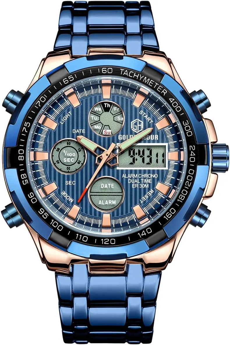 GOLDEN HOUR Luxury Stainless Steel Analog Digital Watches for Men Male Outdoor Sport Waterproof Big Heavy Wristwatch