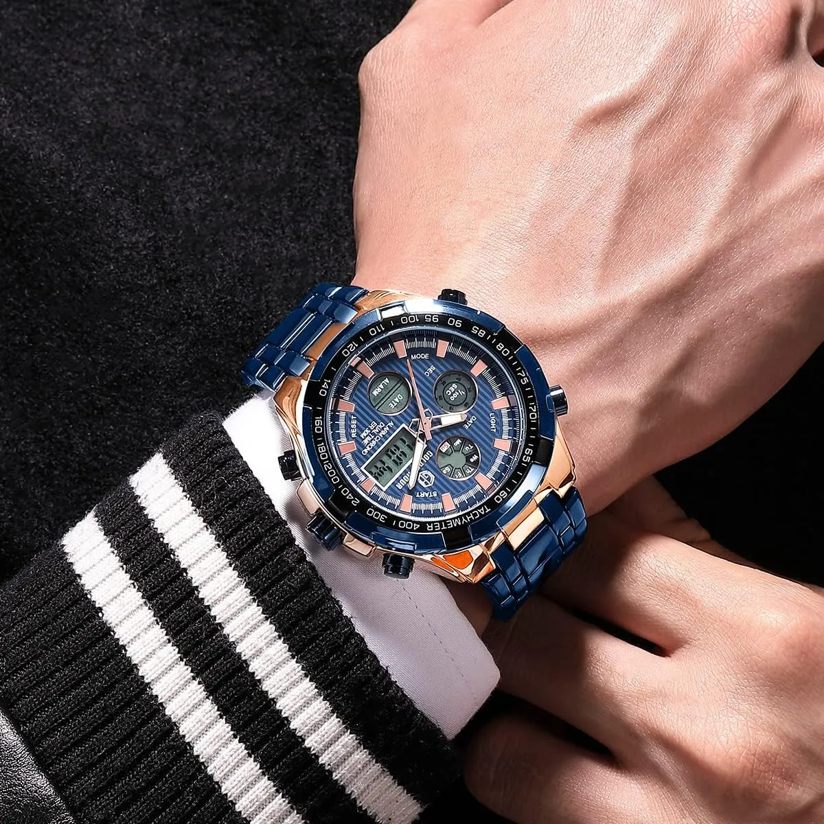 GOLDEN HOUR Luxury Stainless Steel Analog Digital Watches for Men Male Outdoor Sport Waterproof Big Heavy Wristwatch