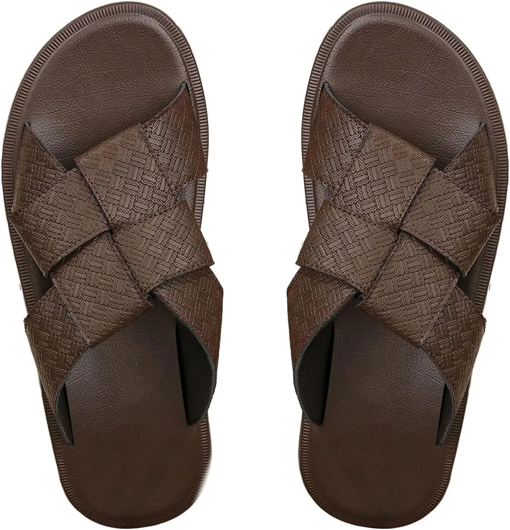 GORGLITTER Men's Leather Beach Roman Sandals Criss Cross Open Round Toe Slip On Slide