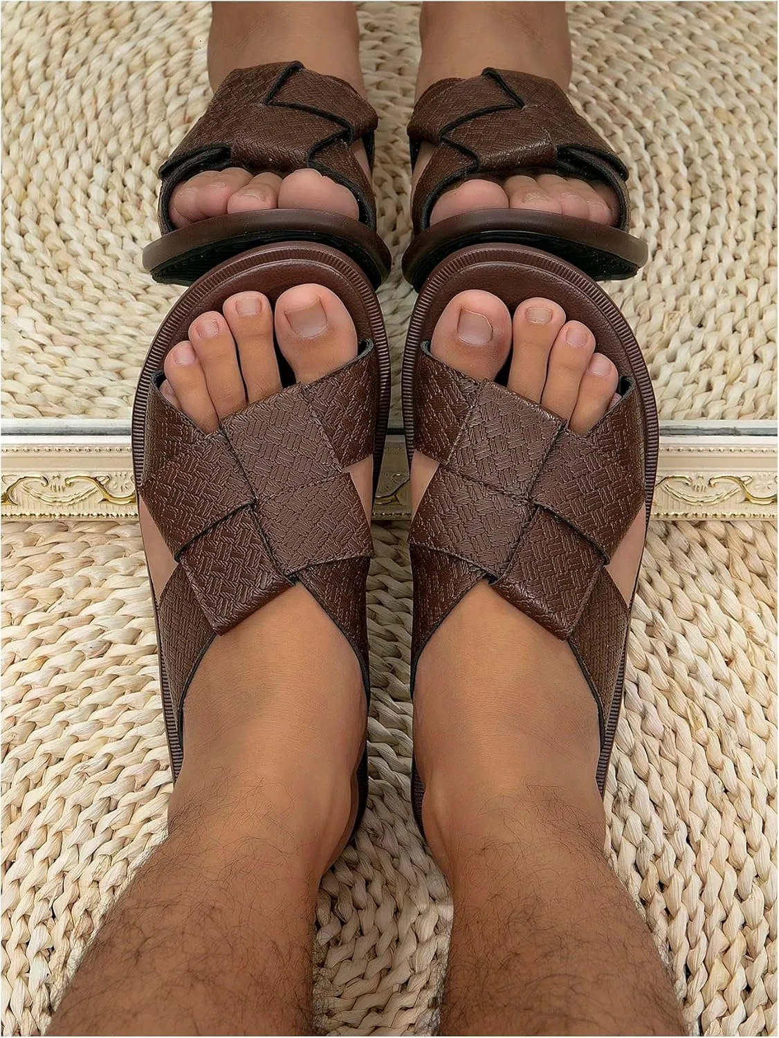 GORGLITTER Men's Leather Beach Roman Sandals Criss Cross Open Round Toe Slip On Slide