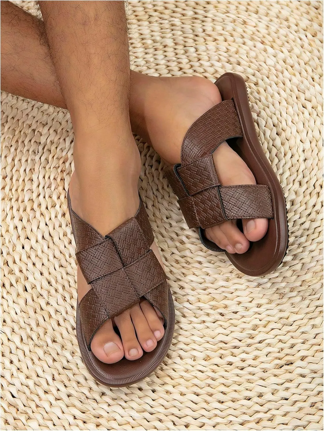 GORGLITTER Men's Leather Beach Roman Sandals Criss Cross Open Round Toe Slip On Slide