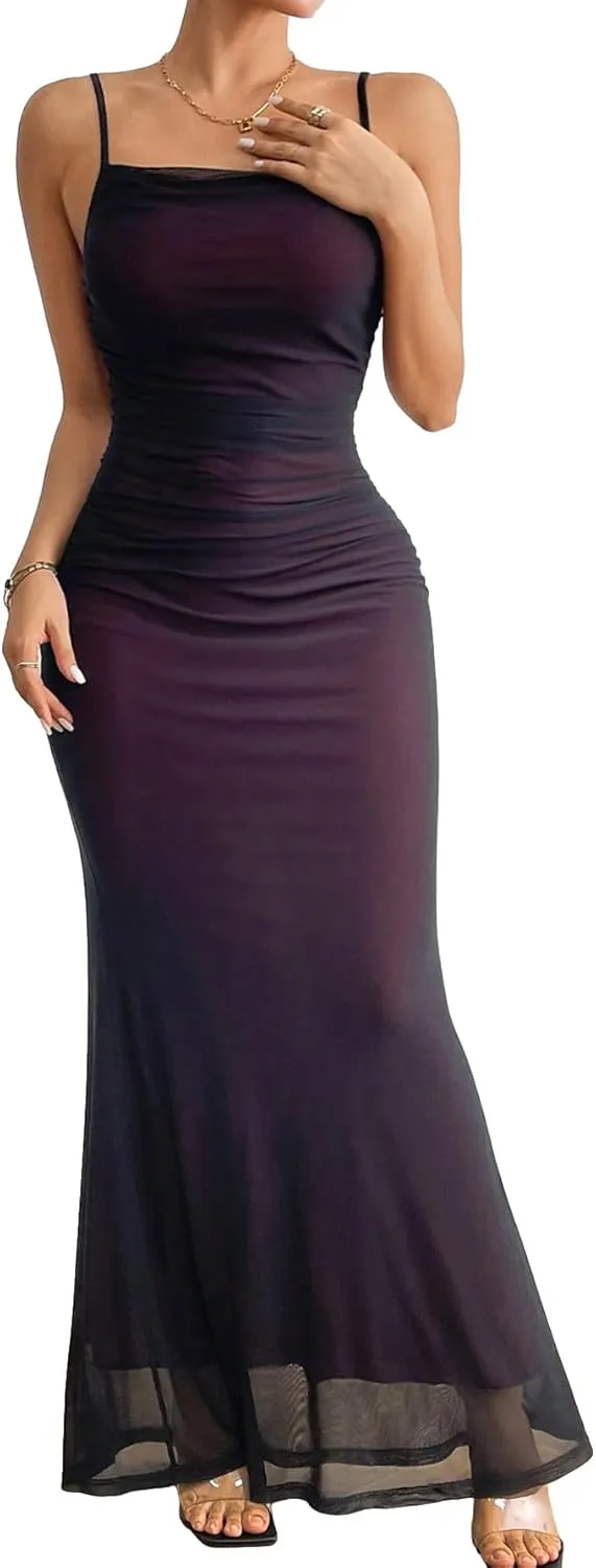 GORGLITTER Women's Mesh Bodycon Maxi Slip Dress Spaghetti Strap Backless Party Long Cami Dresses