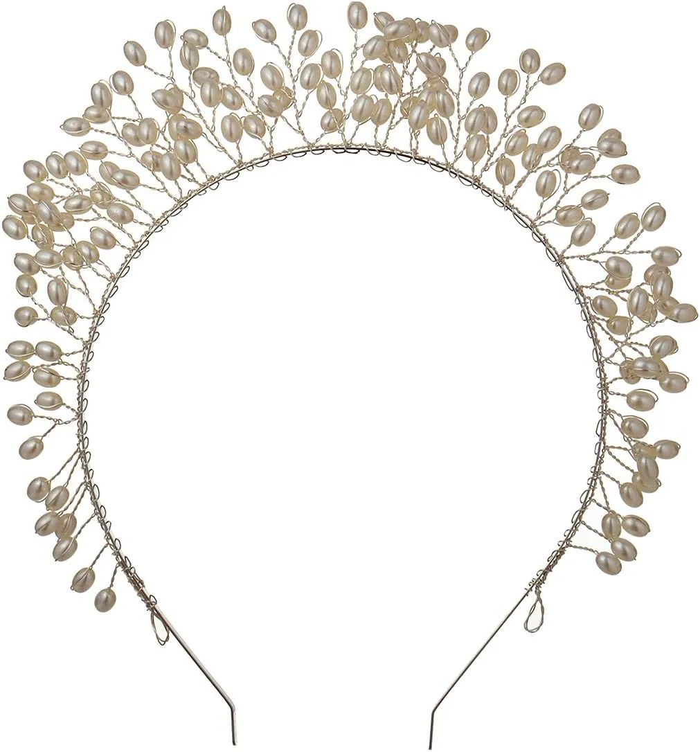 GRACEART Women's Victorian Pearls Headband Tiara Wedding Bridal Hair Accessories Goddess Mary Halo Crown