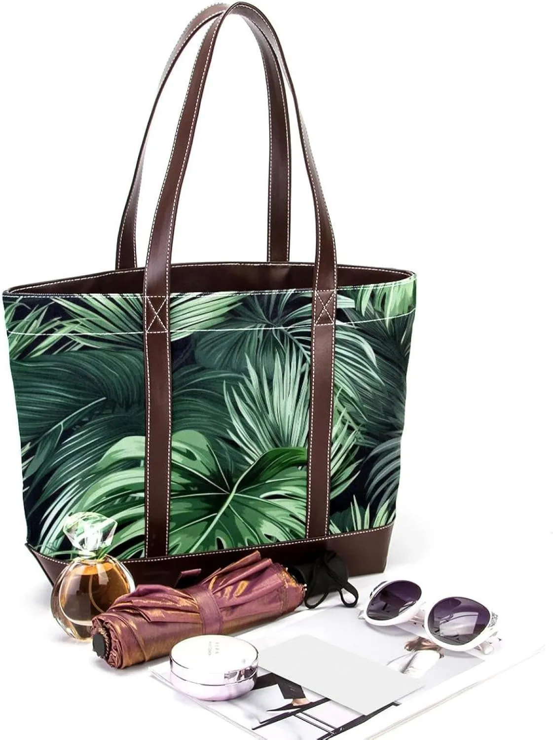 Green Palm Leaves-1871 Fashion Washed Durable Leather Purse Bag for Women Top Handle Ladies Shoulder Bags with Pockets Zipper