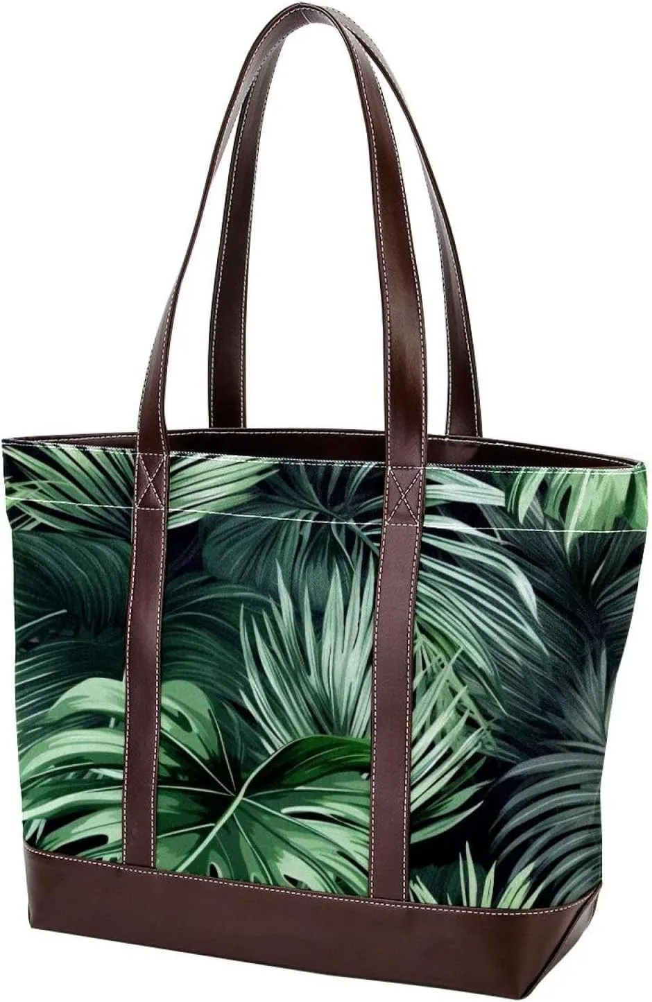 Green Palm Leaves-1871 Fashion Washed Durable Leather Purse Bag for Women Top Handle Ladies Shoulder Bags with Pockets Zipper