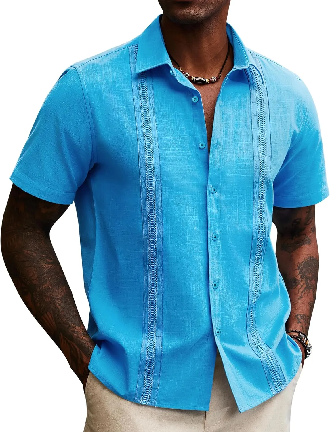 Guayabera Linen Shirts for Men Short Sleeve Button Down Shirt Hawaiian Shirt Cuban Summer Shirts Beach Shirts