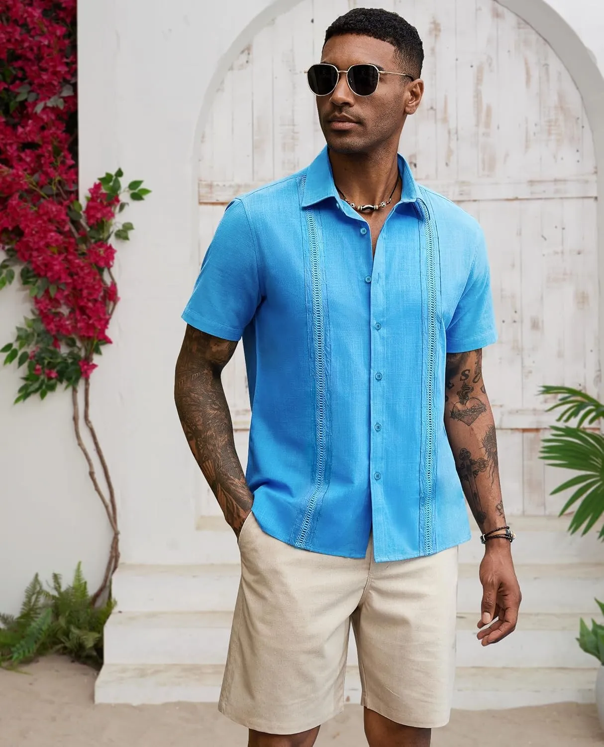 Guayabera Linen Shirts for Men Short Sleeve Button Down Shirt Hawaiian Shirt Cuban Summer Shirts Beach Shirts