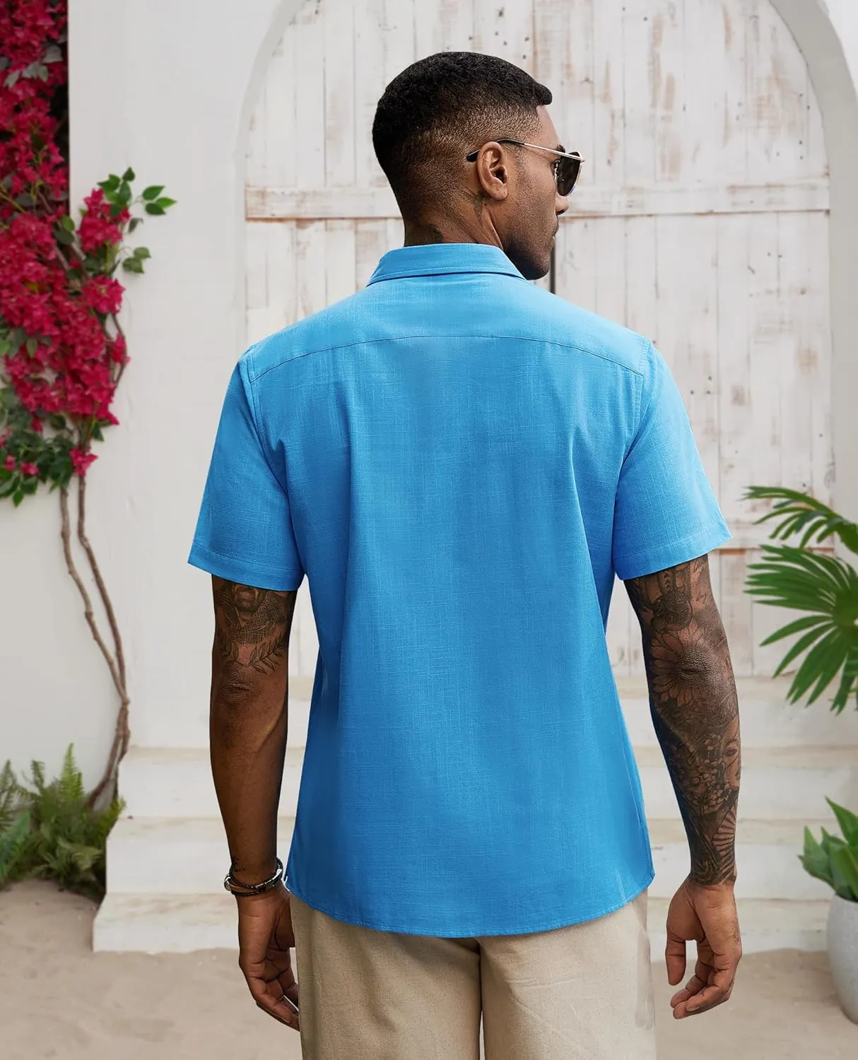Guayabera Linen Shirts for Men Short Sleeve Button Down Shirt Hawaiian Shirt Cuban Summer Shirts Beach Shirts